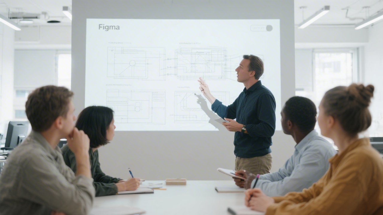 Instructor guiding a small group through a Figma exercise, with wireframes on a projected screen and participants taking notes in a bright, modern workspace.