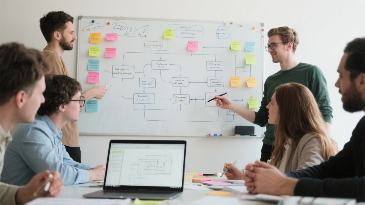 Team running a design sprint with a whiteboard full of flowcharts, sticky notes, and a shared laptop displaying a wireframe.