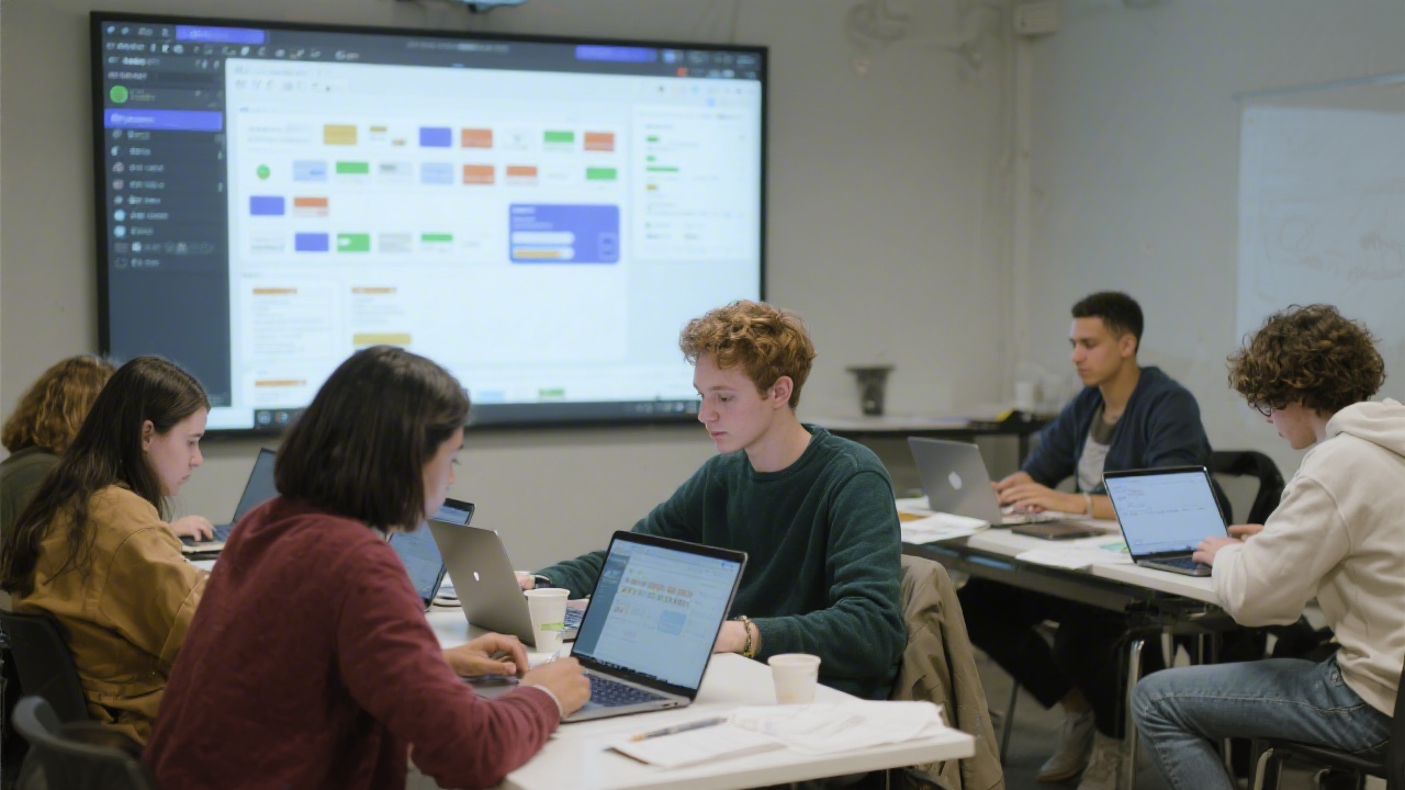 Students working in Figma on laptops during a workshop, with a large screen showing component libraries and modern interface layouts.